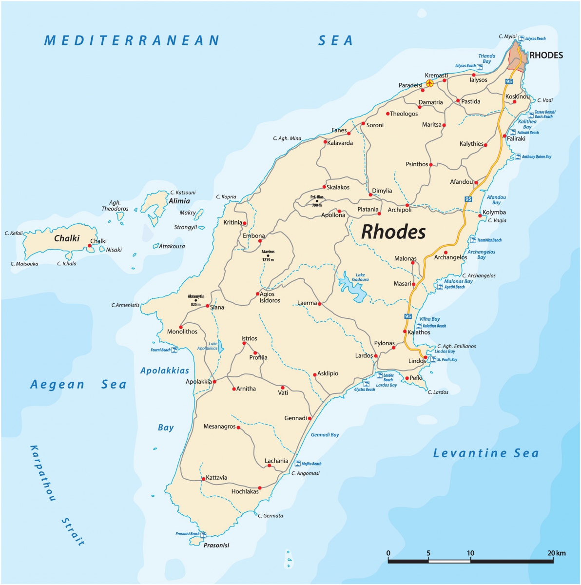 Rhodos Inselkarte (Resorts, Strände, Sehenswürdigkeiten, Ausflüge, Hotels)